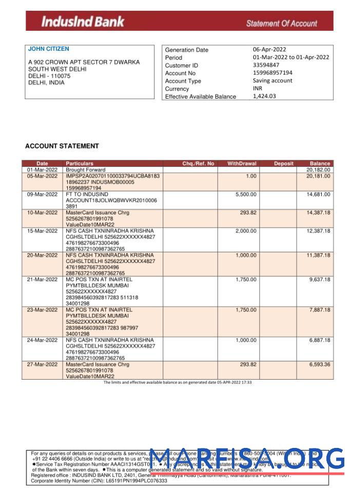 Printable India IndusInd bank statement excel example